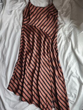 Striped Slip Black and Brown Asymmetrical Midi Slip Dress